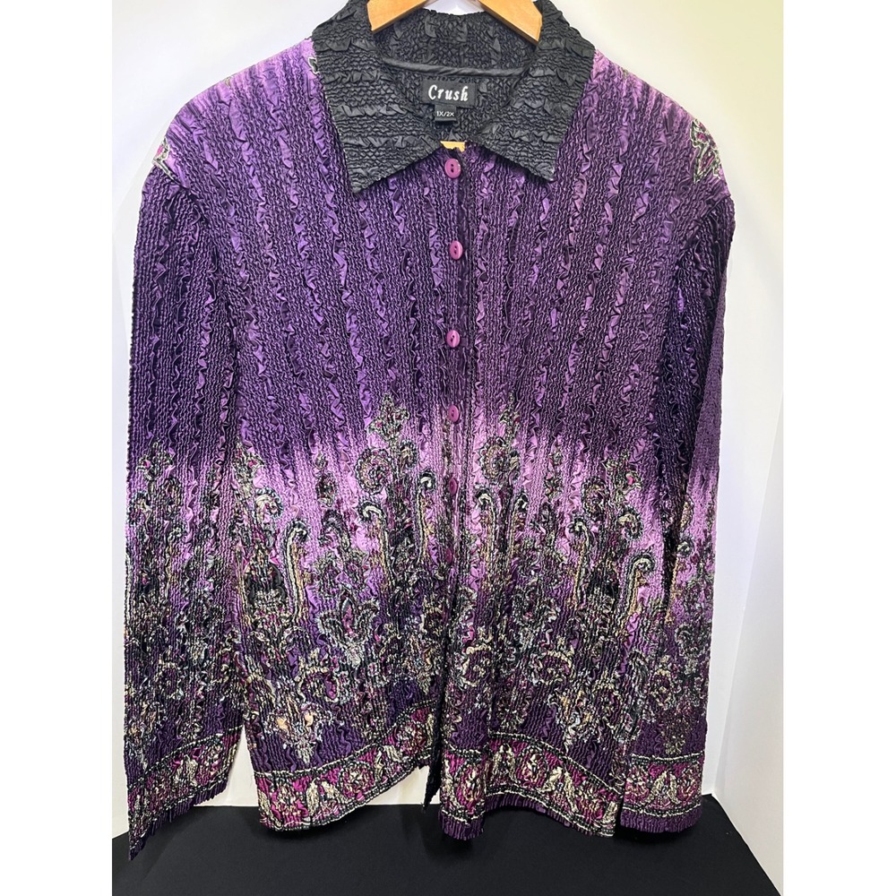 Crush Reversible Blouse 1X 2X Purple Paisley Ombre Black Crinkle Pleat Top